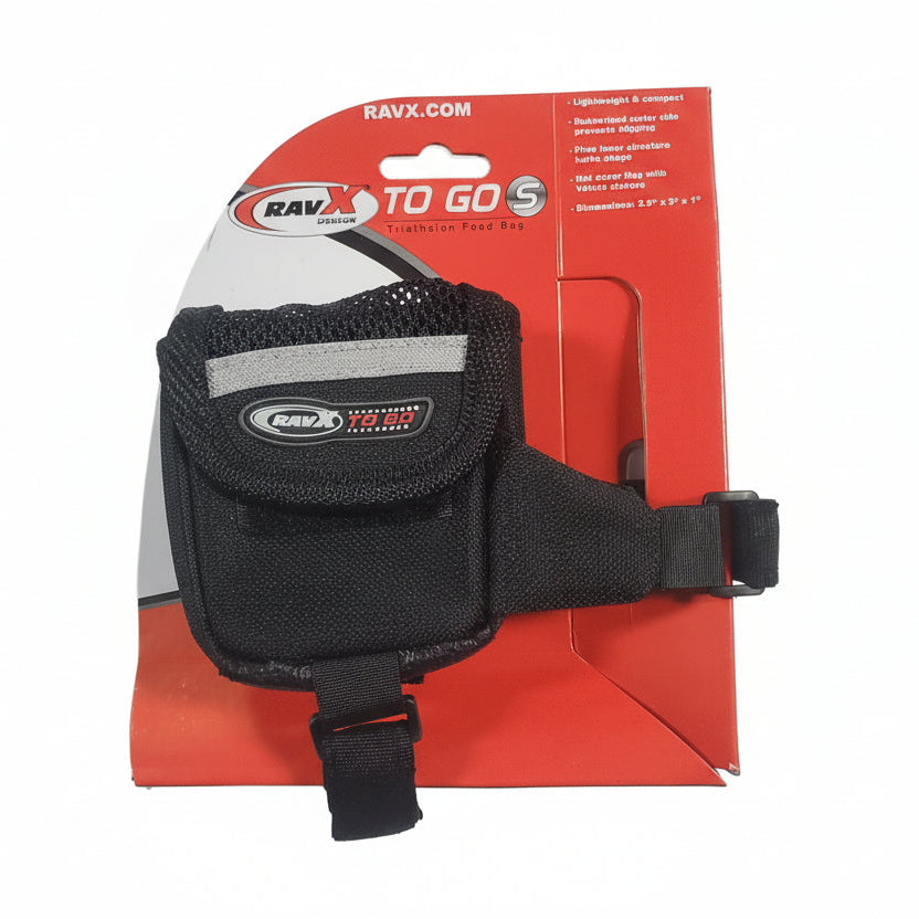 Black tactical pouch with straps on a red and white packaging background