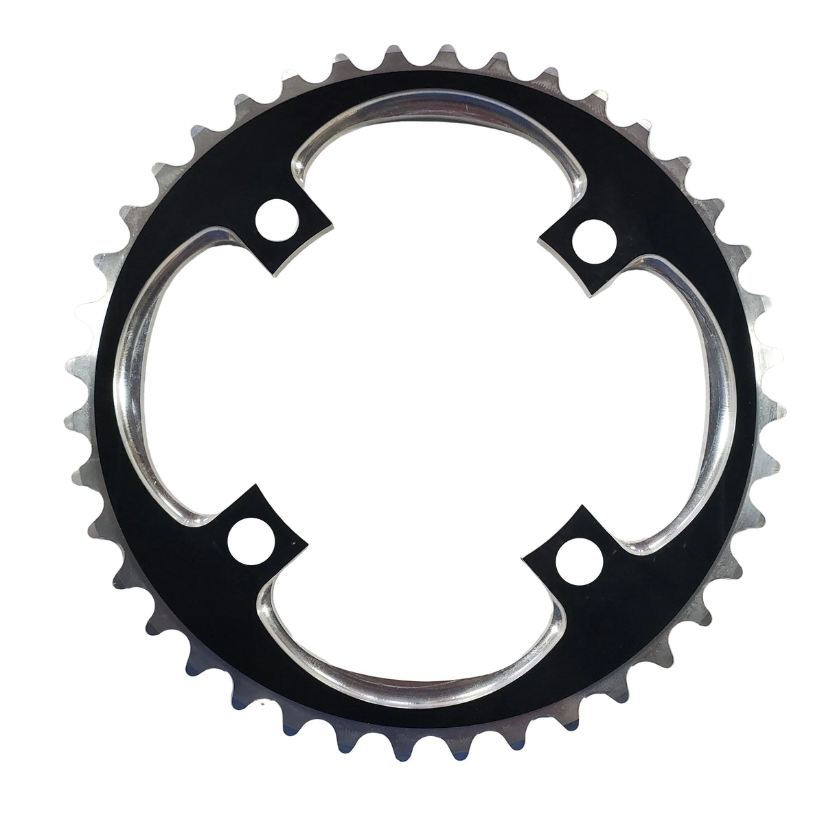 Bicycle chainring with black and silver finish on a white background