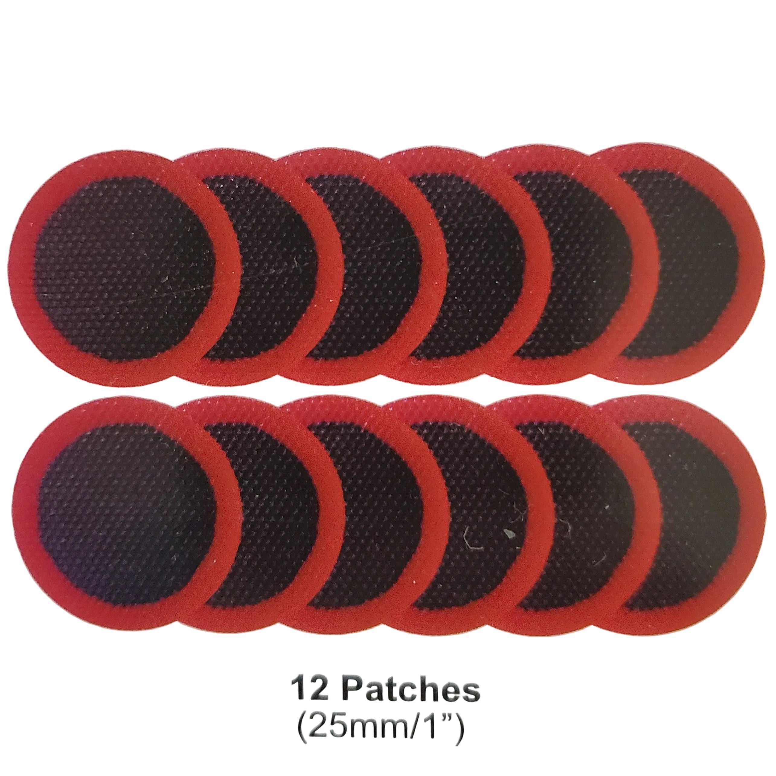 Packaging with 12 red and black patches included, on a light gray background.