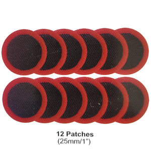 Packaging with 12 red and black patches included, on a light gray background.