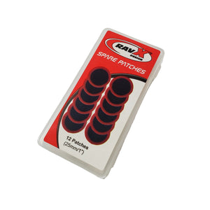 Box of spare patches with a red and white label on a light gray background