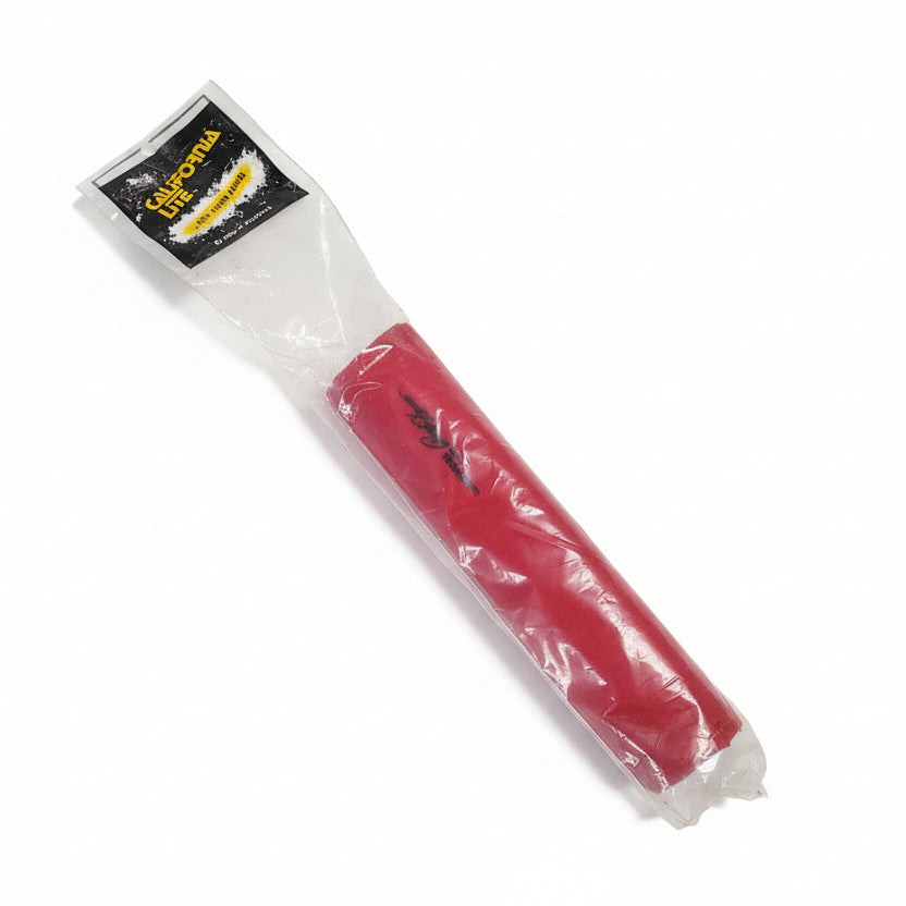 Red lollipop in clear packaging with a black label on a white background