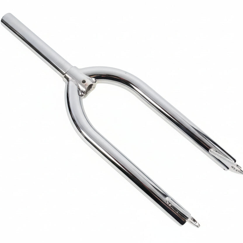Chrome motorcycle fork on a white background