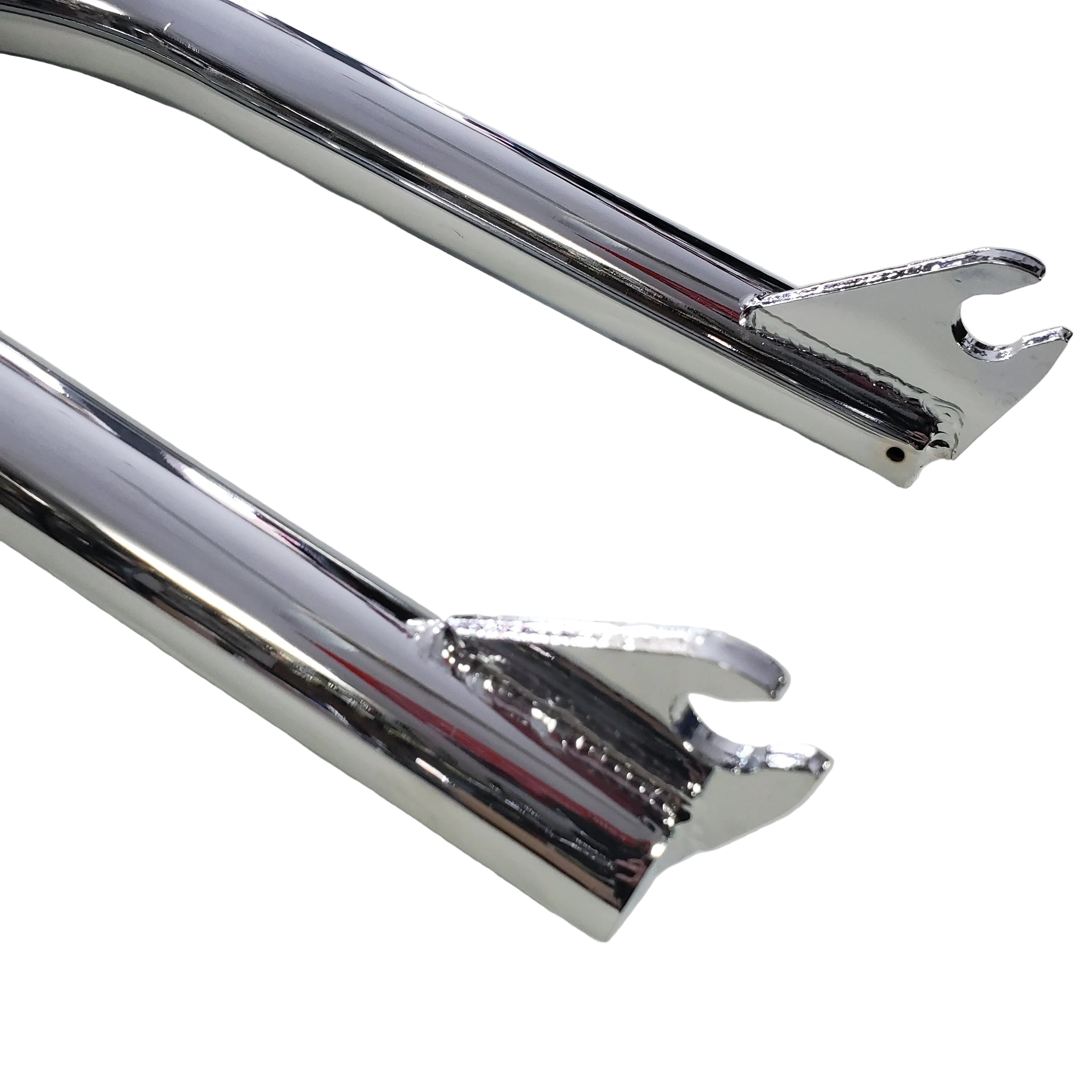Two chrome motorcycle exhaust pipes on a white background