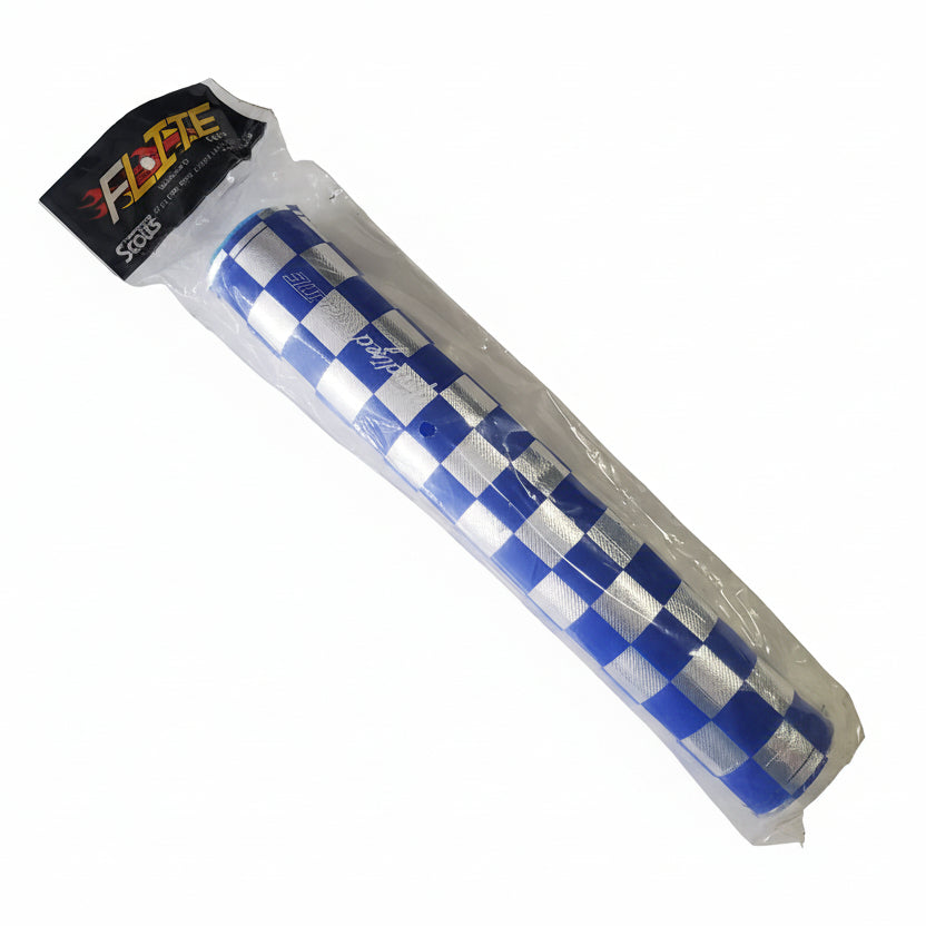 Blue and silver checkered object with a brand label on a white background