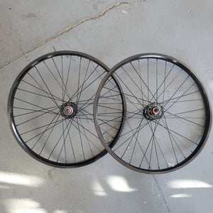 Two bicycle wheels on a concrete floor