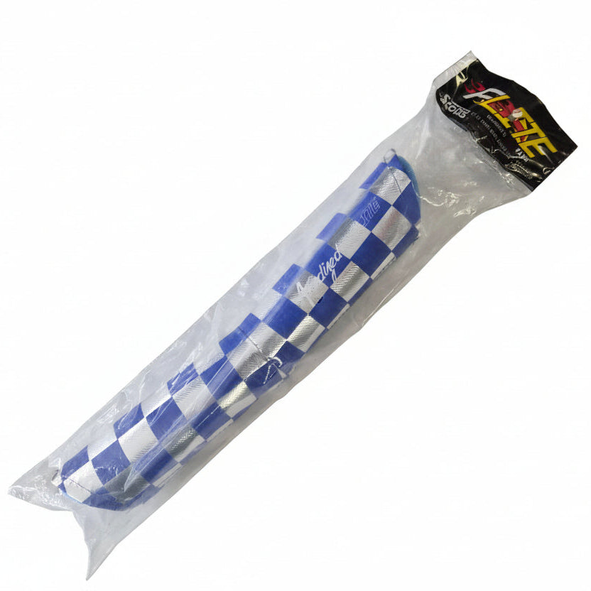 Packaged blue and white checkered object with a brand label on a white background
