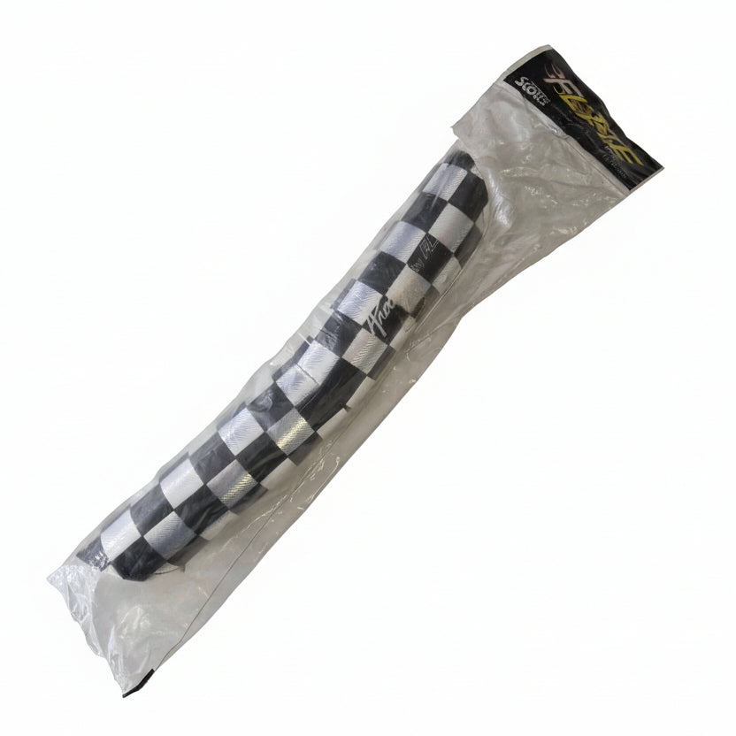 Checkered golf club head cover in clear packaging on a white background