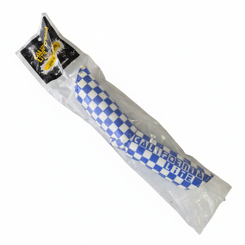Checkered flag with blue and white pattern on a white background