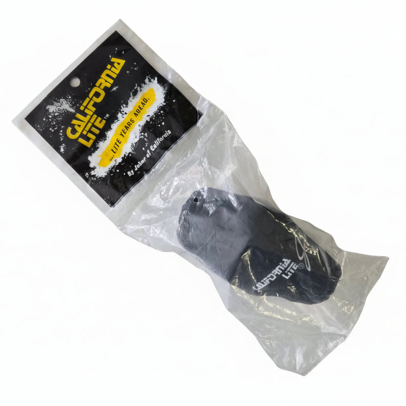 Black sock with white text on a clear plastic bag against a white background