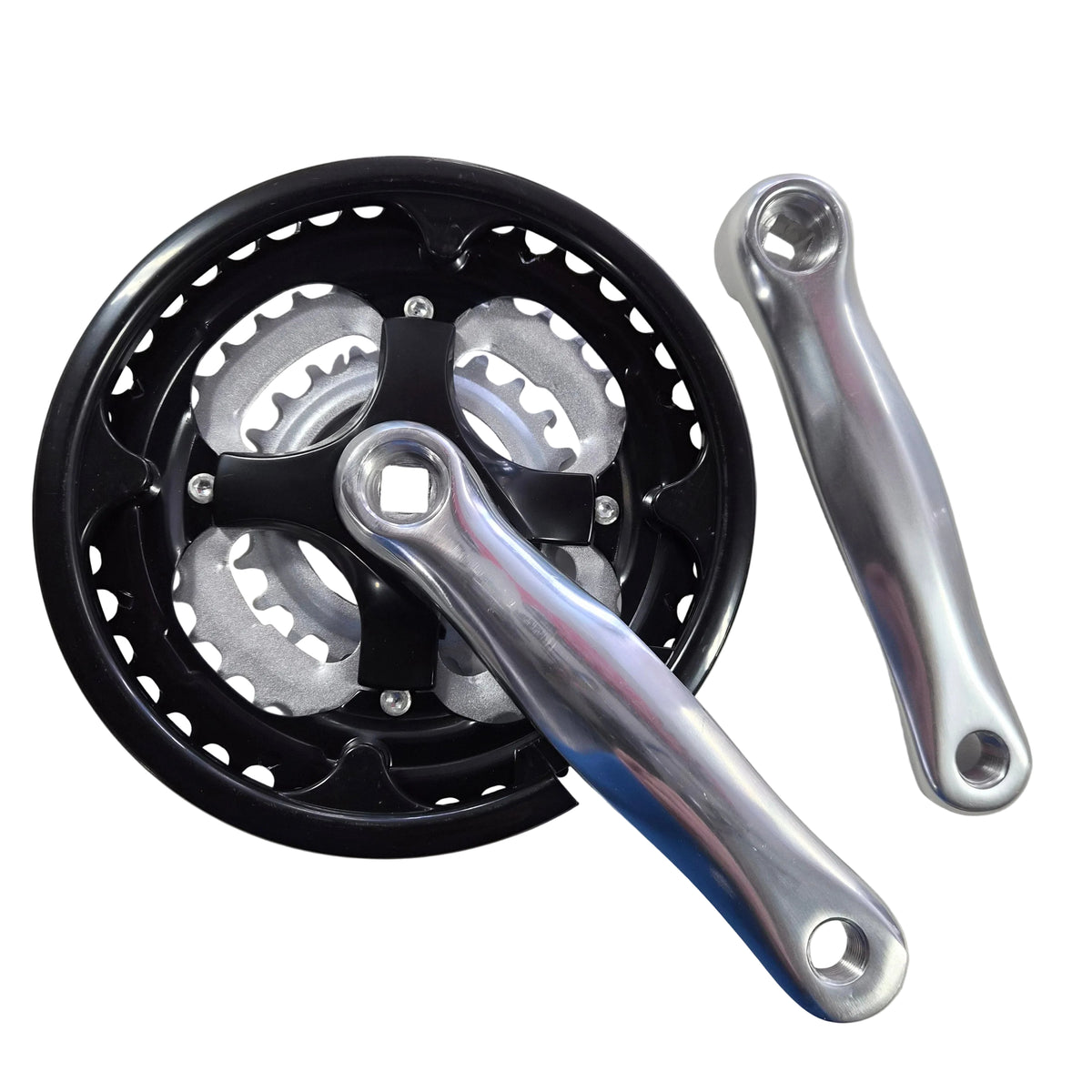 Bicycle crankset with black flywheel on a light gray background