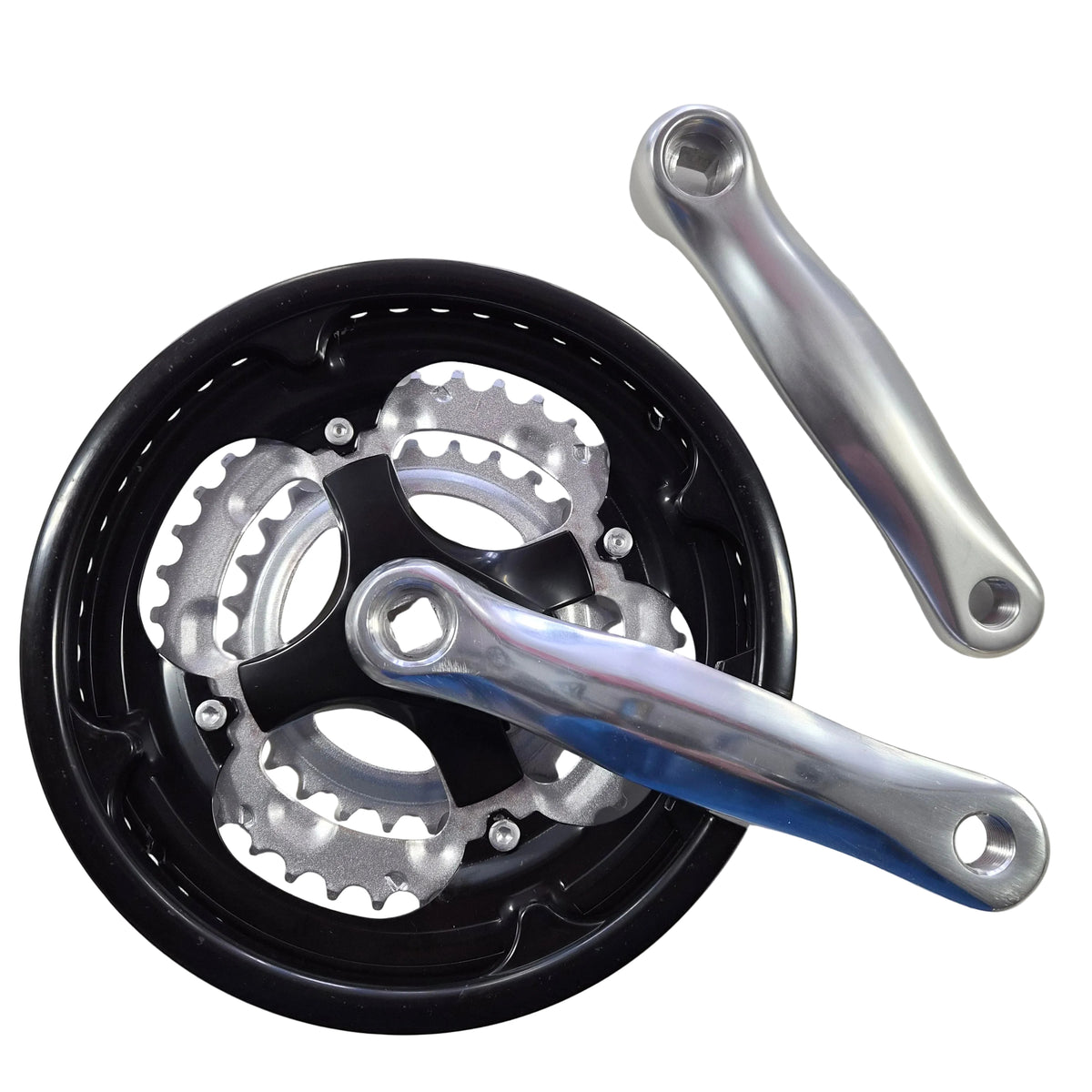 Bicycle crankset with chainring on a light gray background