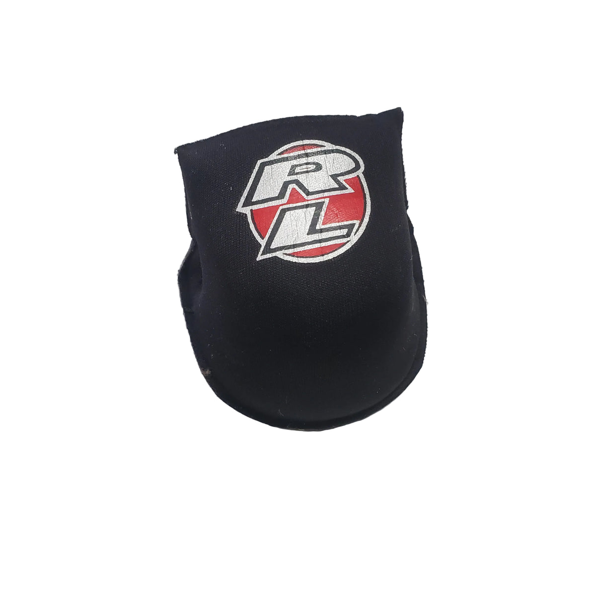 Black golf club head cover with a logo on a light gray background