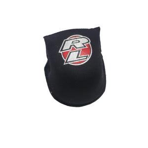 Black golf club head cover with a logo on a light gray background