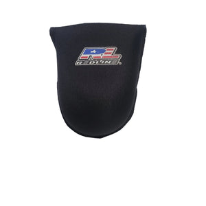 Black golf club head cover with a logo on a light gray background