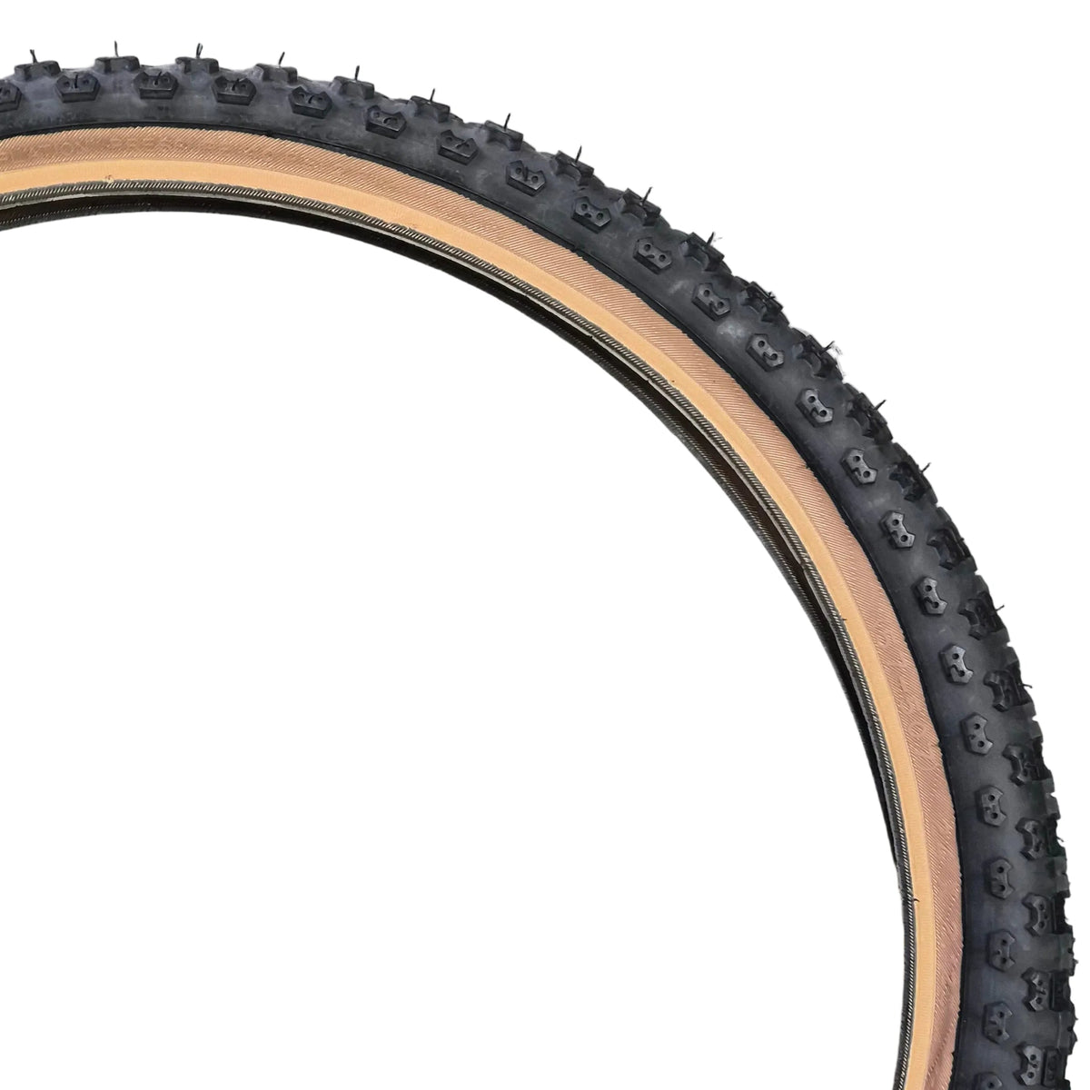 Bicycle tire with knobby tread pattern on a concrete surface