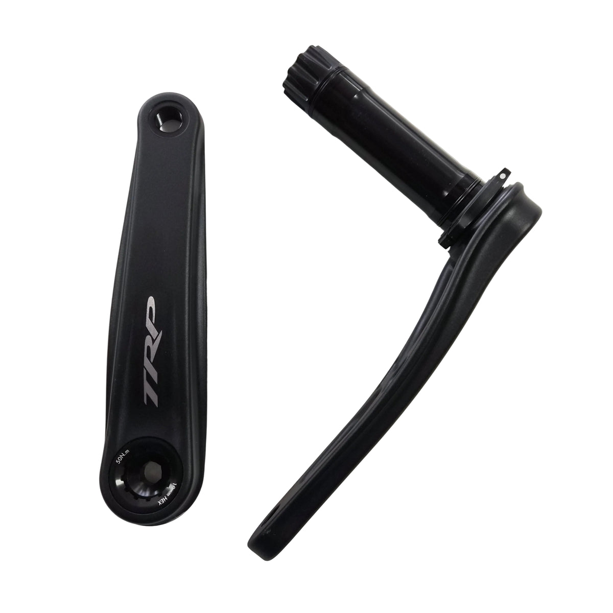 Black bicycle crankset on a light gray background