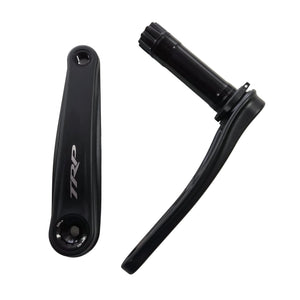 Black bicycle crankset on a light gray background