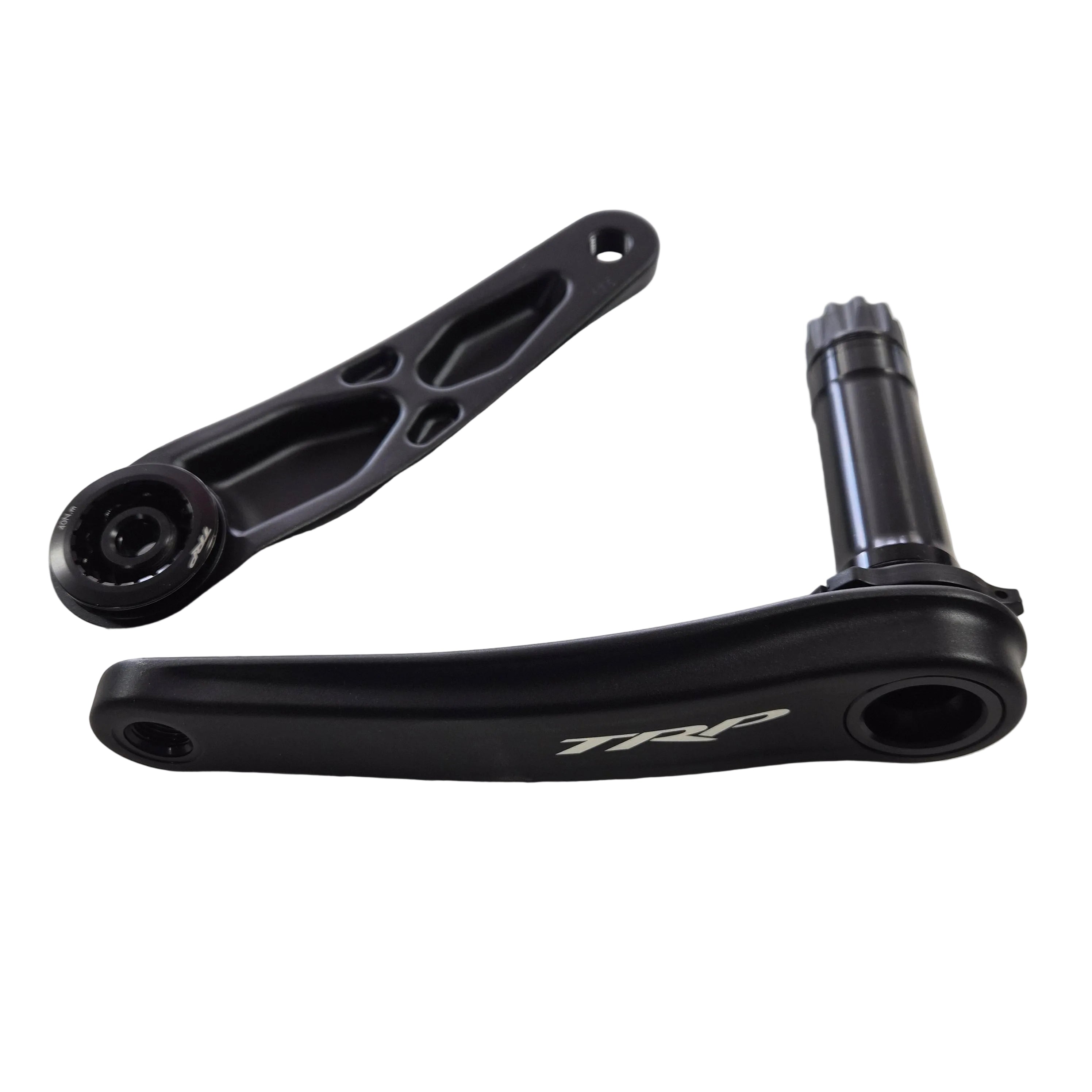 Black bicycle crankset on a light gray background