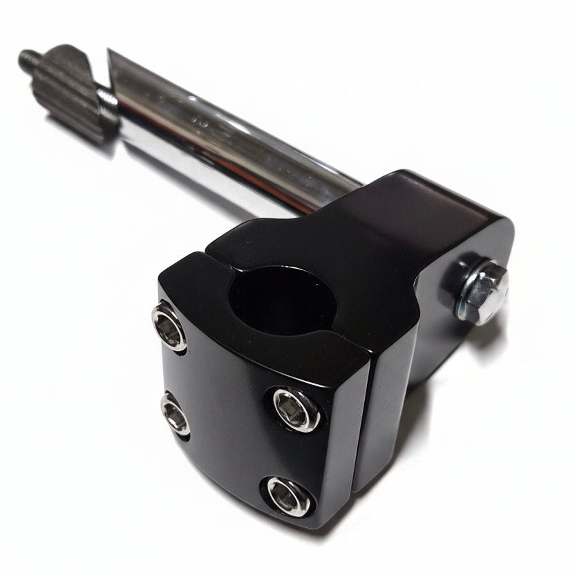 Black motorcycle handlebar riser with chrome accents on a white background