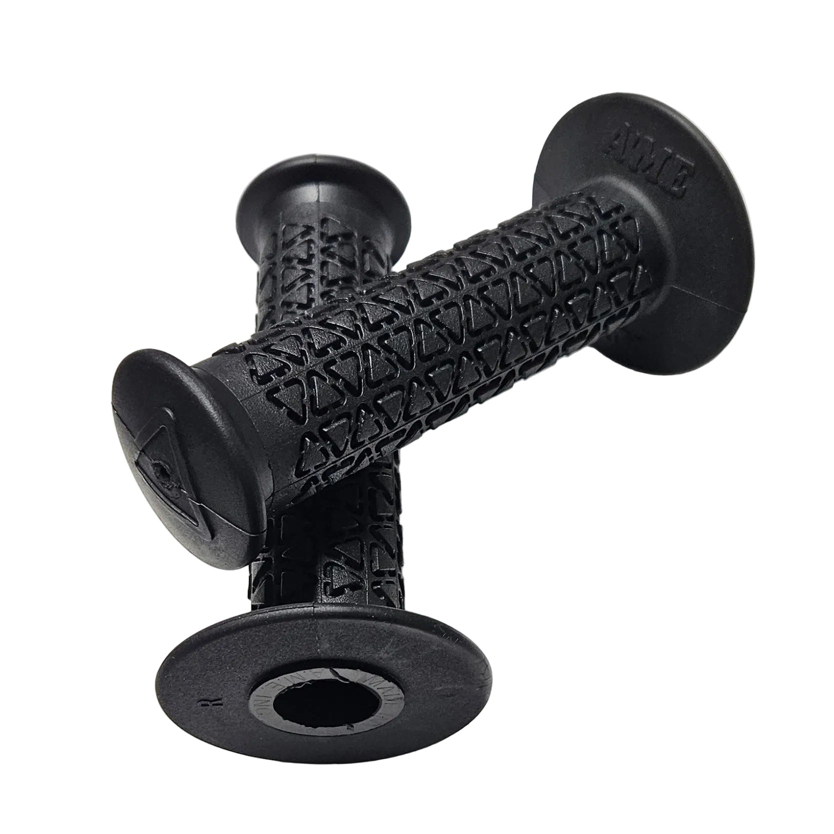 Black bicycle grips with textured surface on a white background