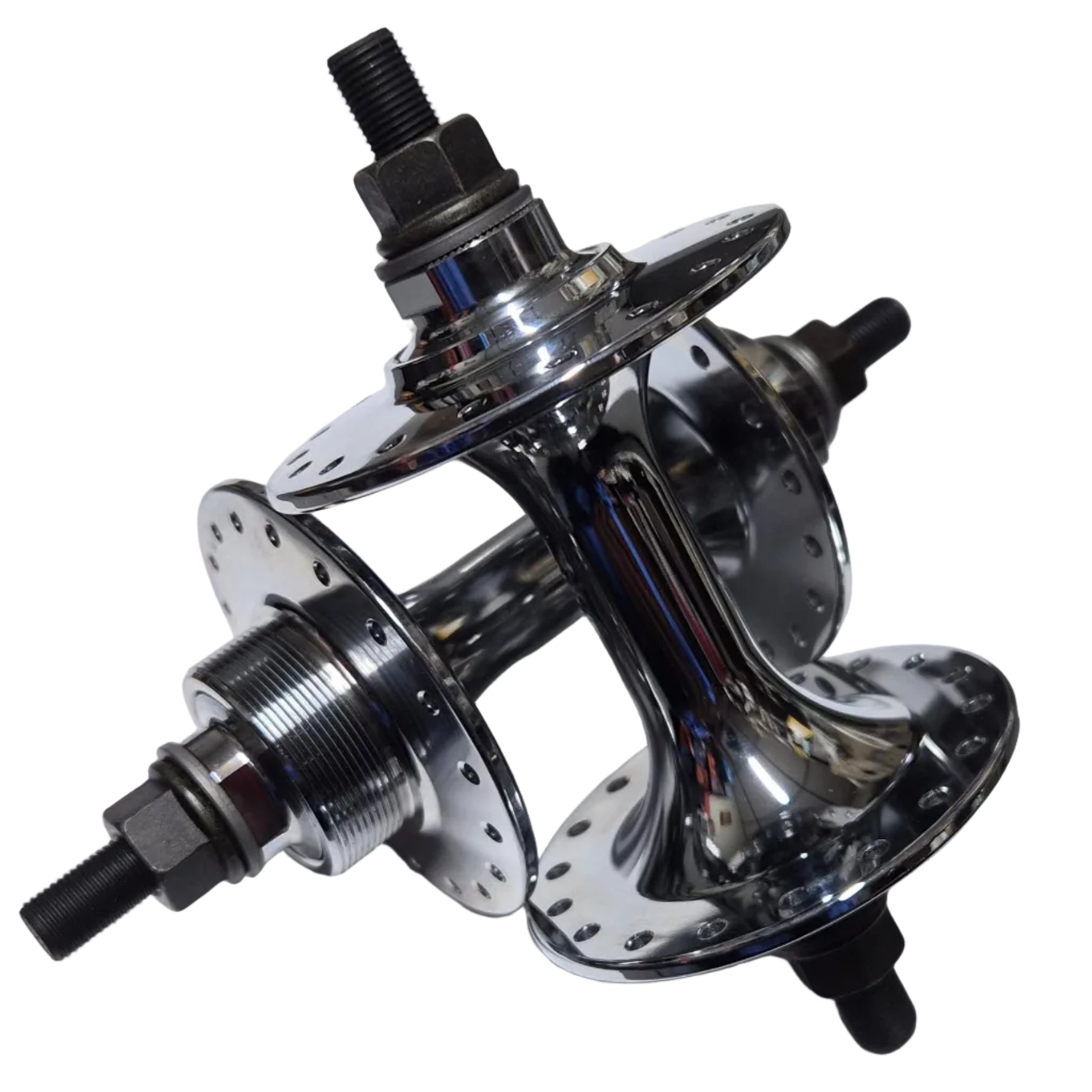Chrome bicycle hub on a white surface with a blurred background