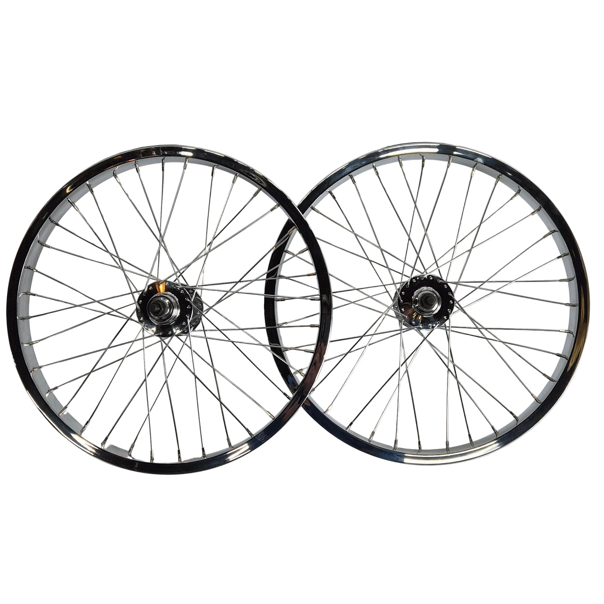Two bicycle wheels with black rims and silver spokes on a light gray background