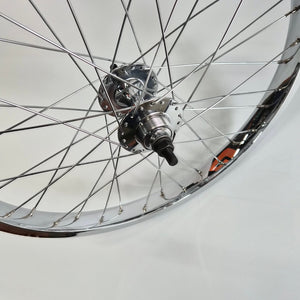 Close-up of a bicycle wheel with a white background