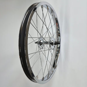 Bicycle wheel with chrome rim on a white background