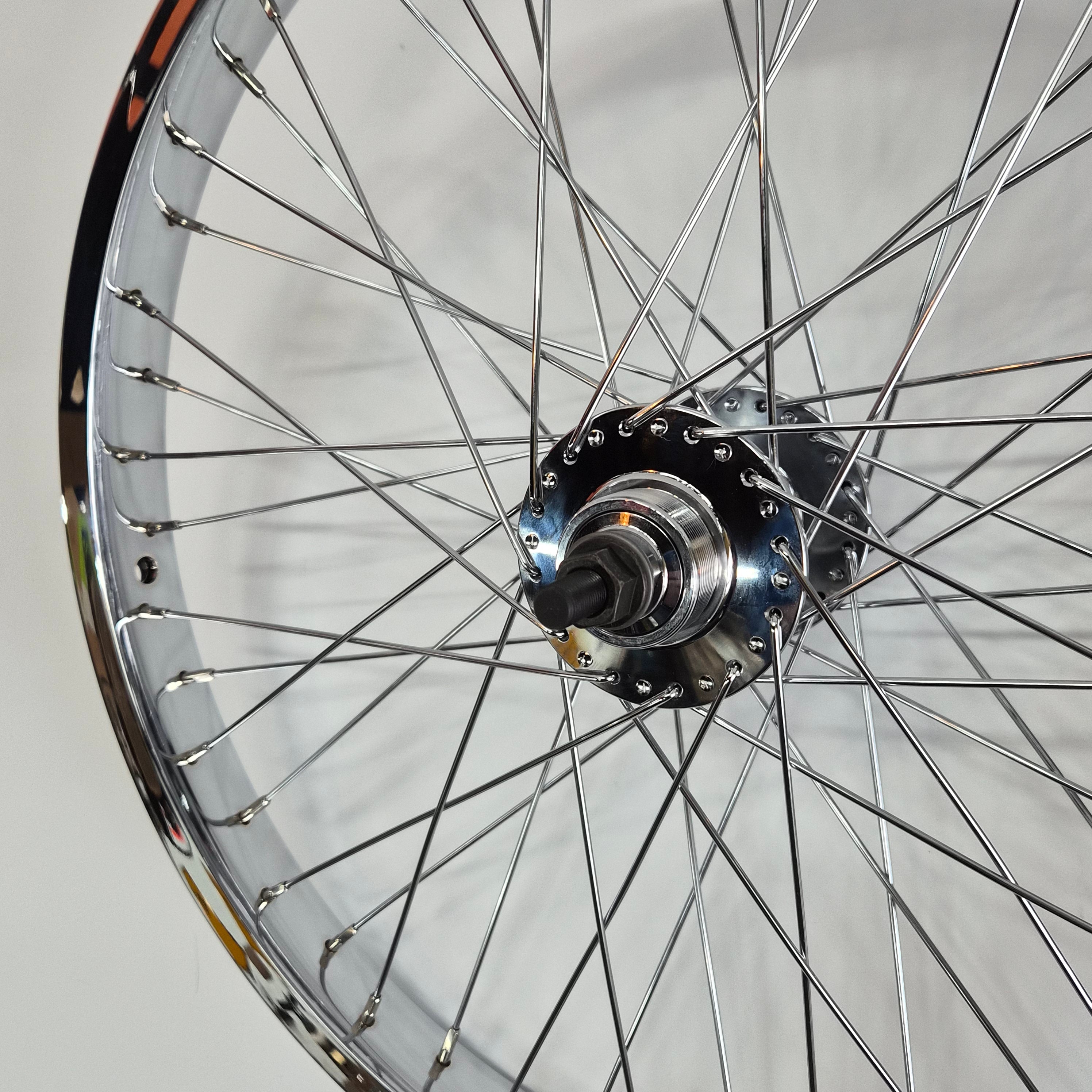 Close-up of a bicycle wheel hub with spokes on a light gray background