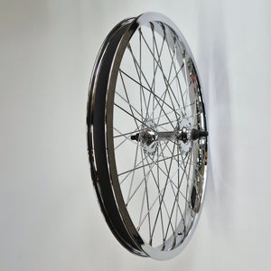 Chrome bicycle wheel on a white background