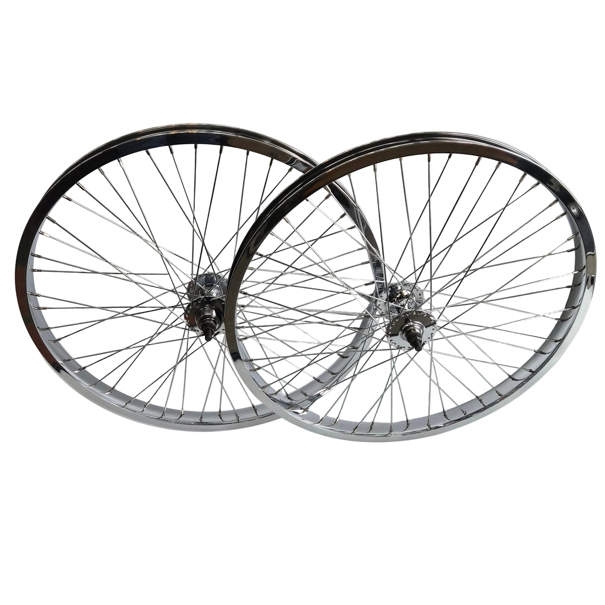 Two bicycle wheels with chrome rims on a white background