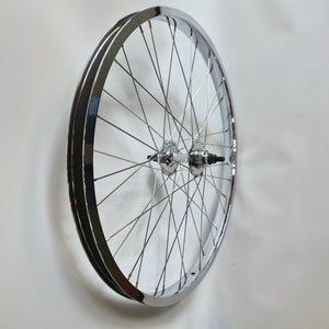 Bicycle wheel with chrome rim on a white background
