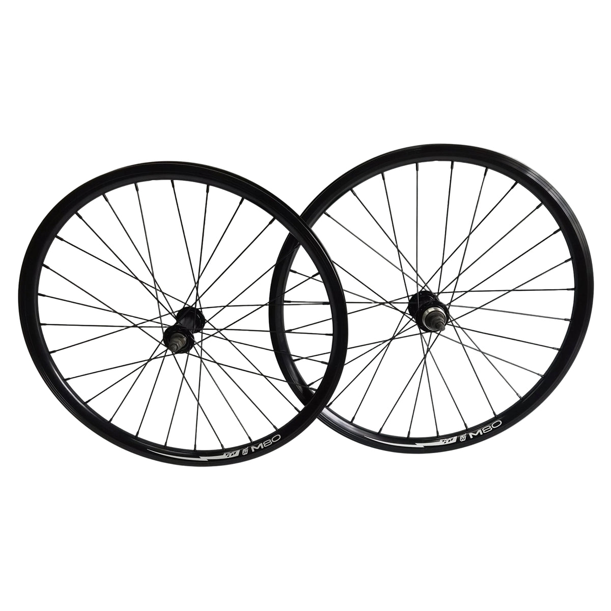 Two bicycle wheels with black rims and spokes on a white background