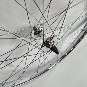Close-up of a bicycle wheel hub with spokes against a neutral background