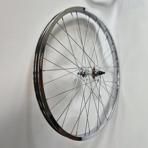 Bicycle wheel with chrome rim on a white background