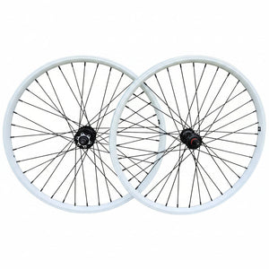 Two bicycle wheels with white rims on a white background