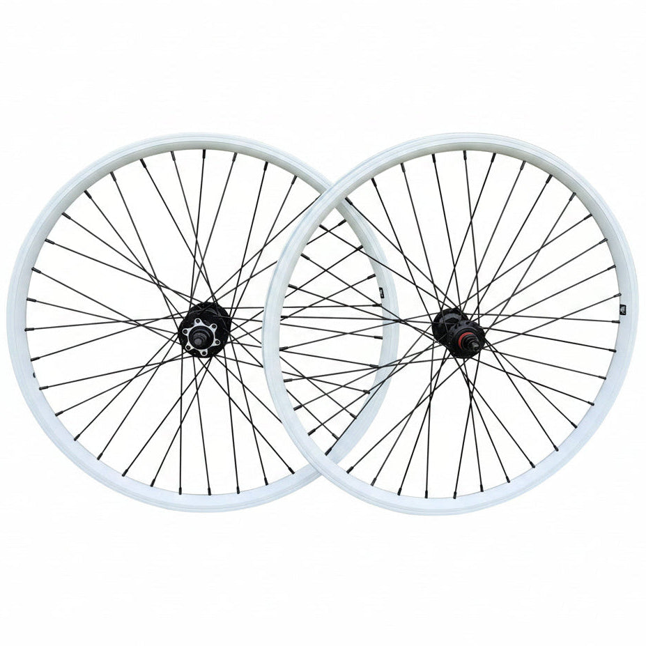 Two bicycle wheels with white rims on a white background