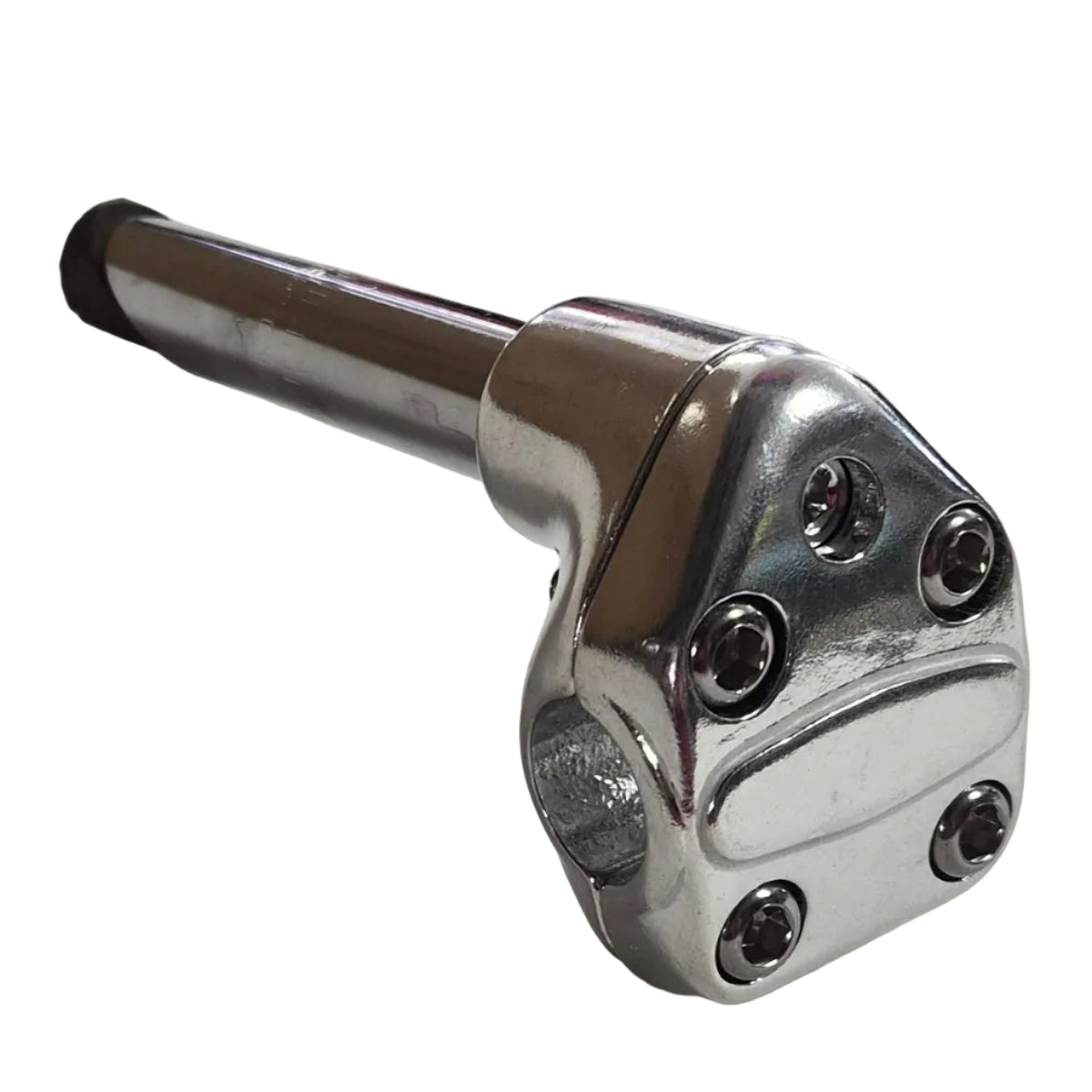 Metallic handle on a white surface with a blurred background