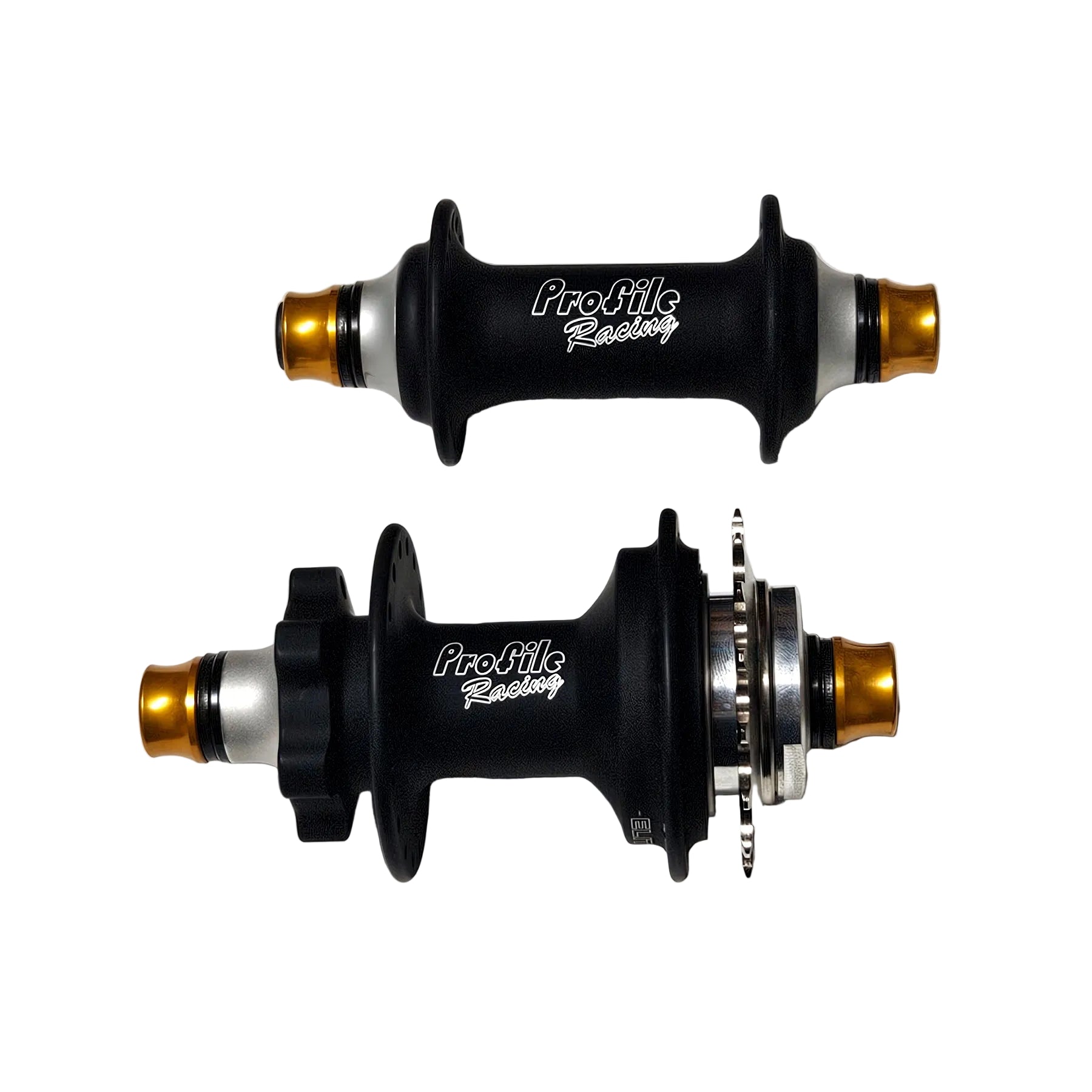 Two black bicycle hubs with gold and silver metal ends, shown on a white gray background. The hubs feature the white 'ProFile Racing' logo on the side.