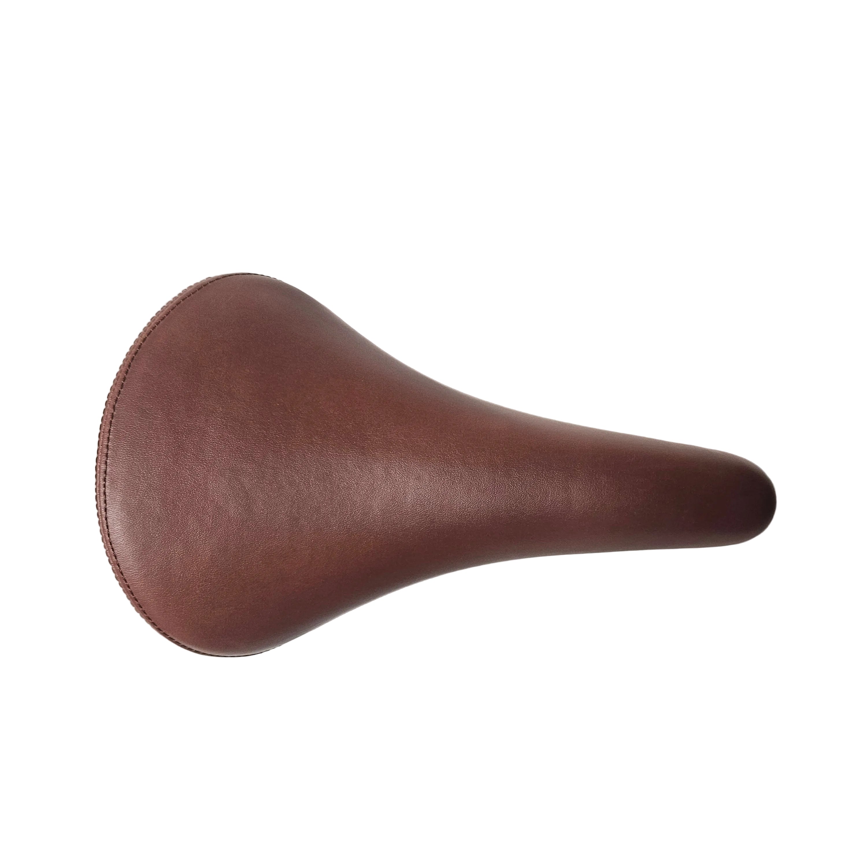 A brown leather bicycle saddle with a contoured shape, shown from a top-down perspective on a white background.