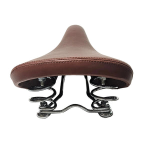 A brown leather bicycle saddle with a curved, contoured shape and a polished chrome spring seat post, shown on a white background.