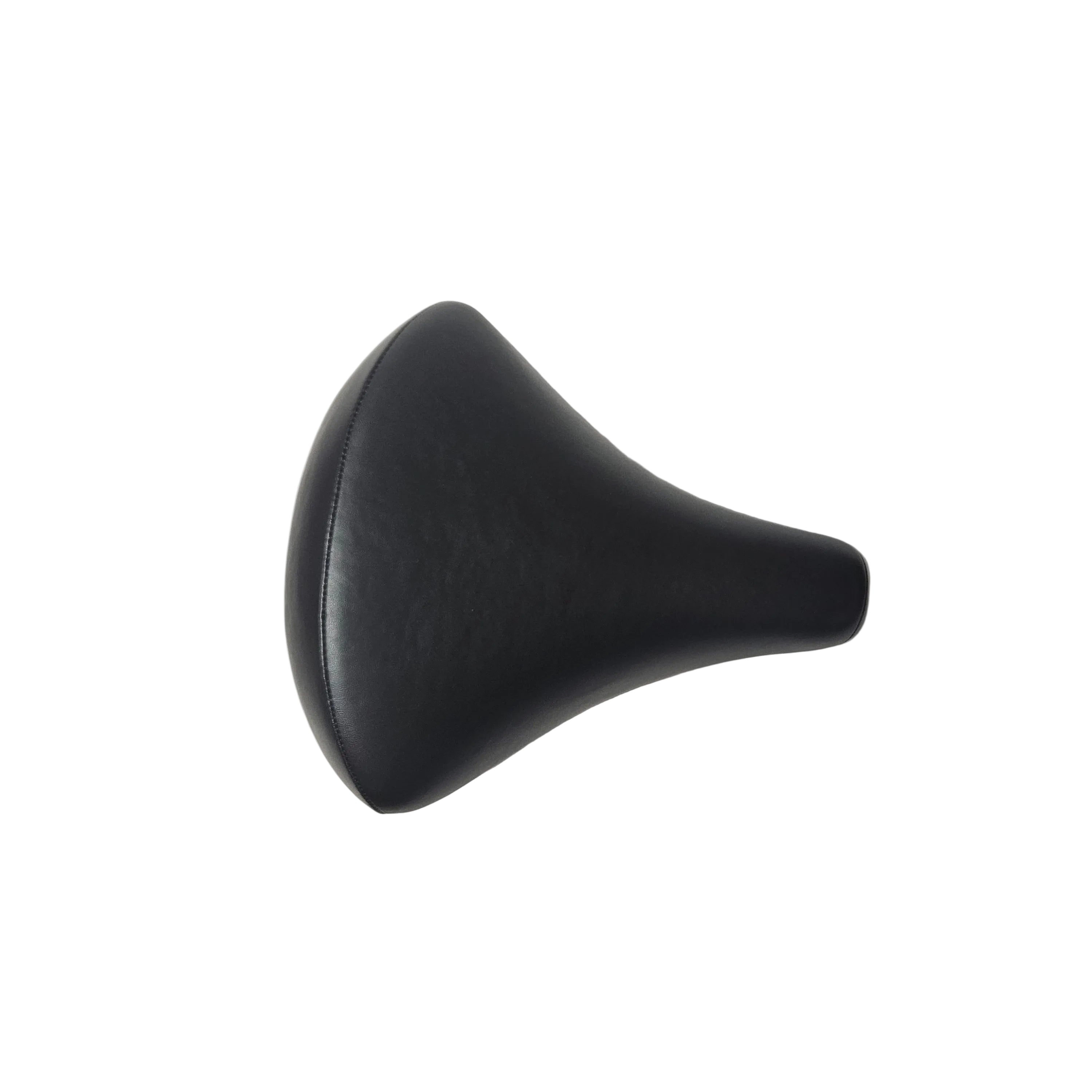 A black bicycle saddle with a faux-leather finish, photographed from a top-down angle on a white background.