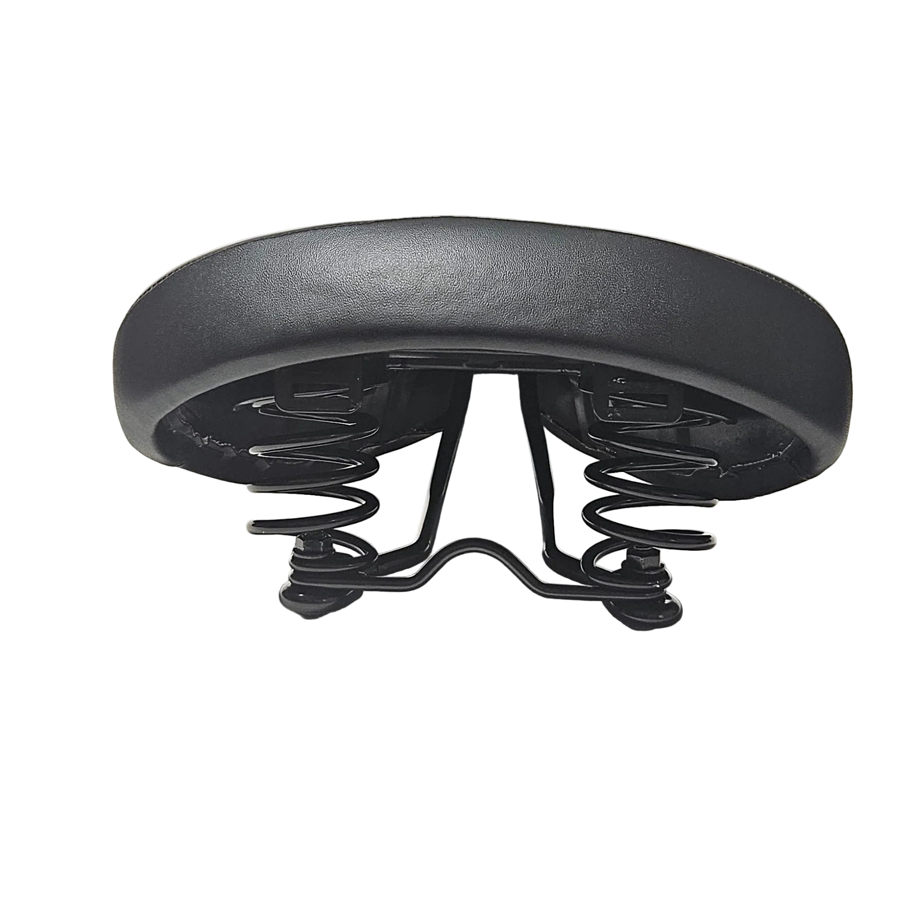 A black bicycle saddle with dual coil springs, shown from a side profile view on a white background.