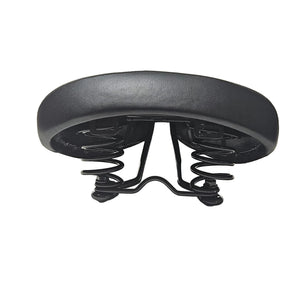 A black bicycle saddle with dual coil springs, shown from a side profile view on a white background.
