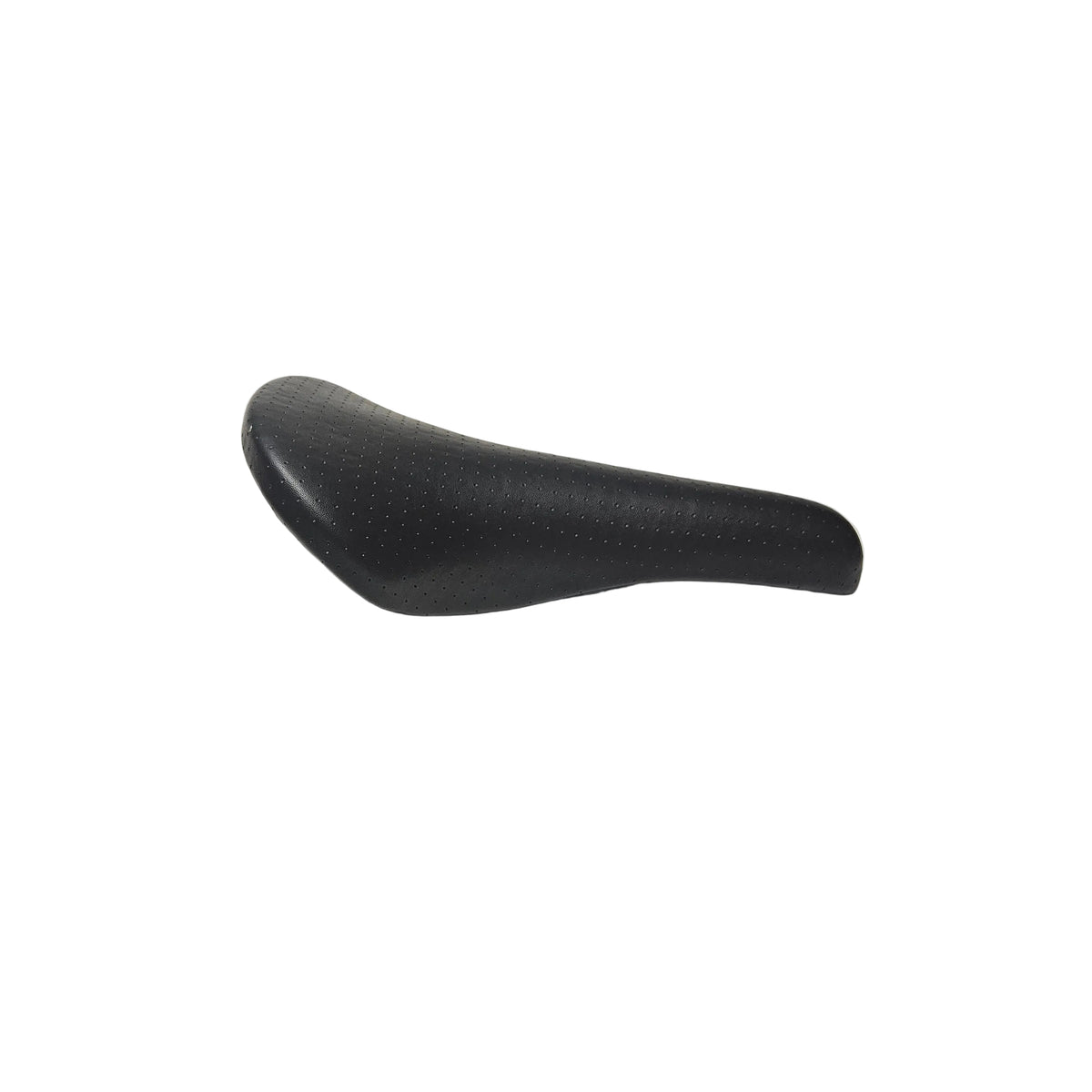 A black bicycle saddle with a textured, perforated surface, shown from a side profile on a white background.