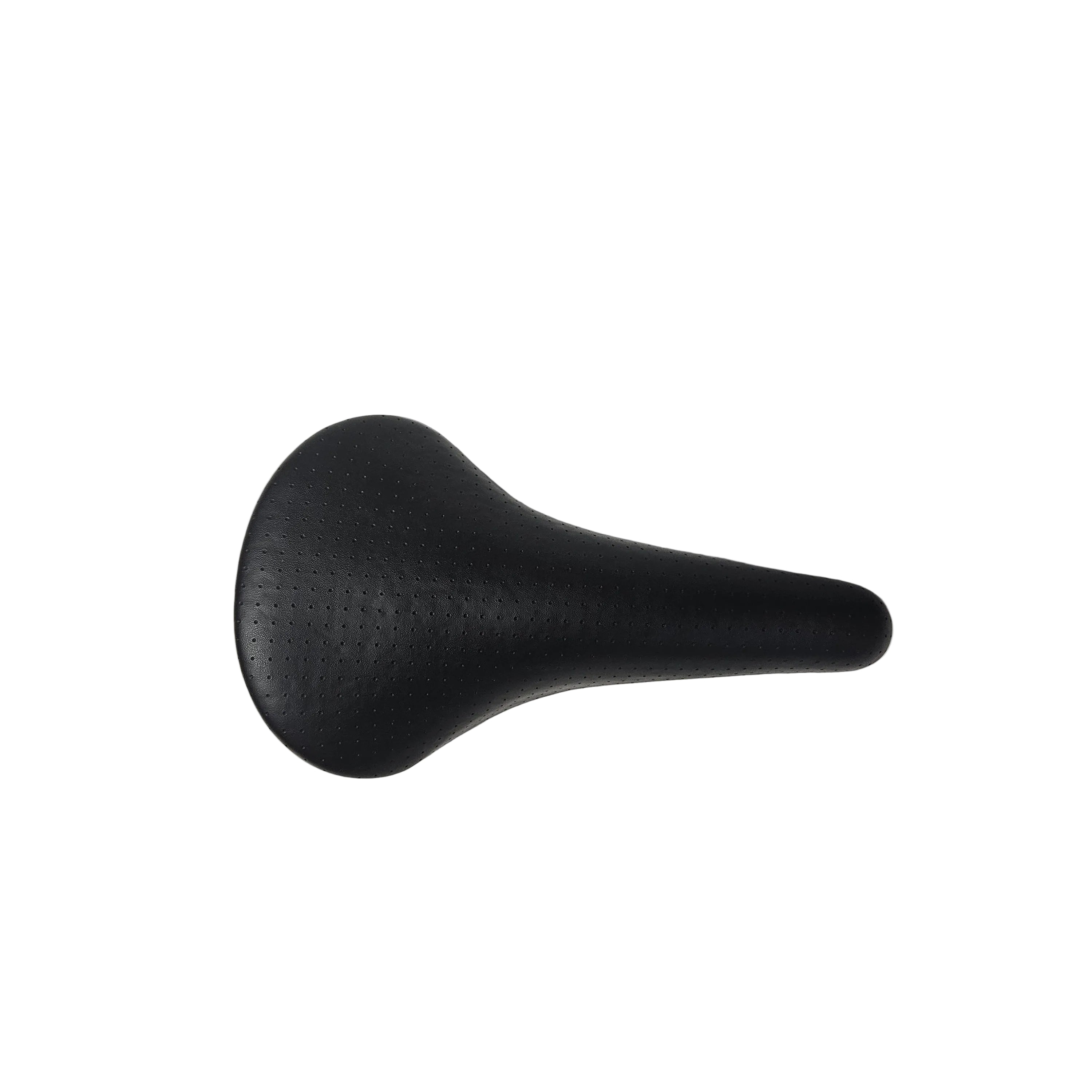 A black bicycle saddle with a perforated texture, shown from a top-down view on a white background.