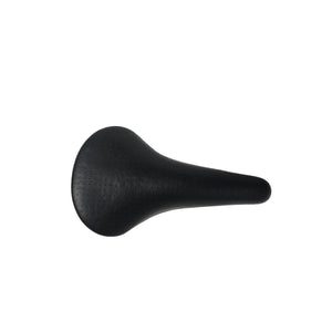 A black bicycle saddle with a perforated texture, shown from a top-down view on a white background.