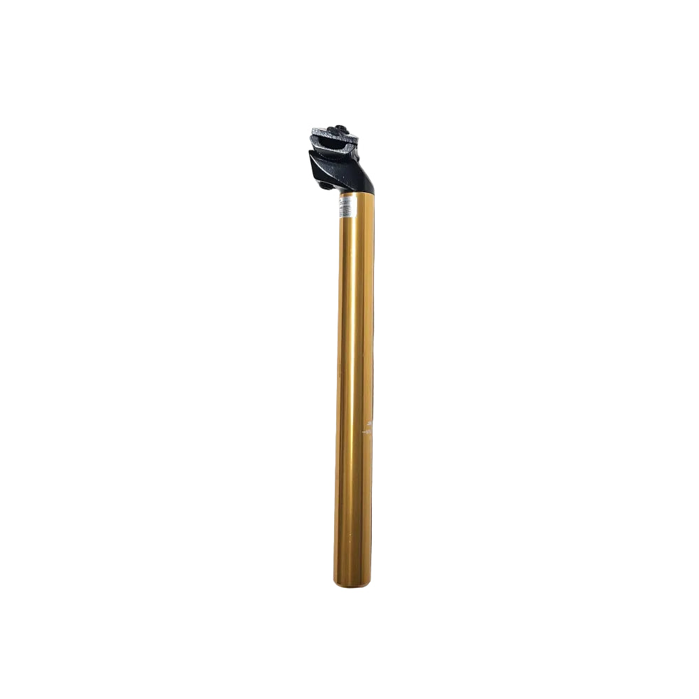 A bicycle seatpost shown vertically on a plain white background, with a metallic gold center section and a black top head.