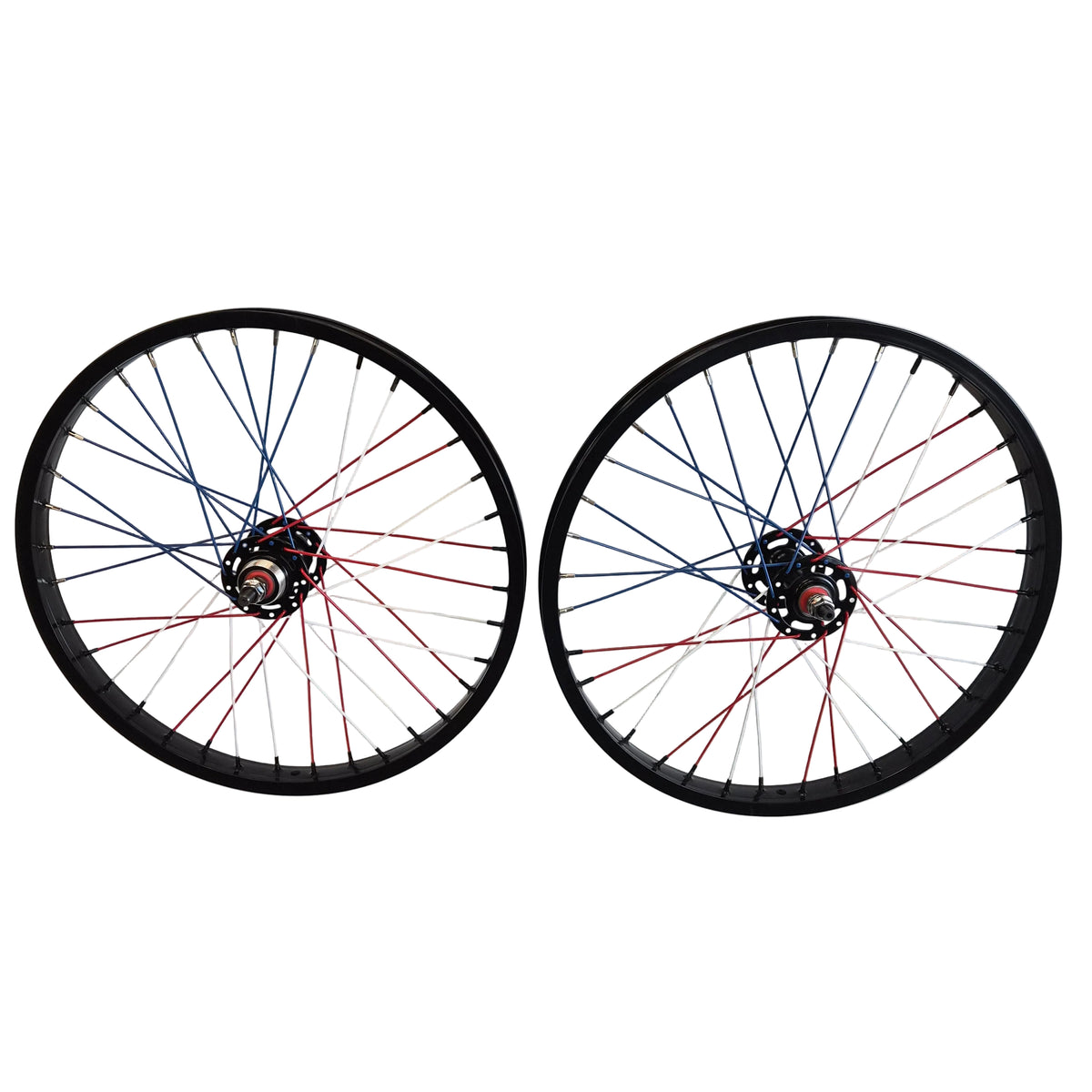 Two bicycle wheels with black rims, black hubs, and blue and red spokes, displayed side-by-side on a light gray background.